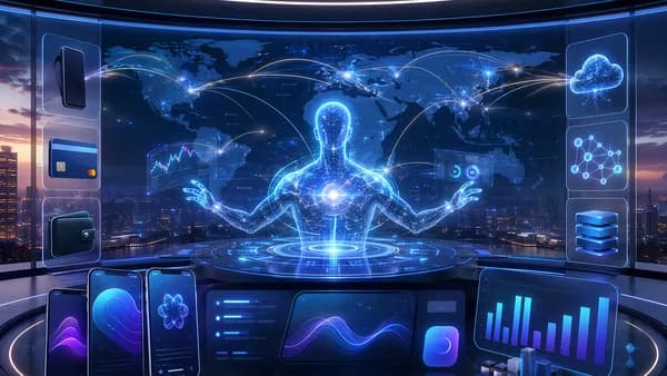 AI agent orchestrating global fintech payments through holographic banking interfaces