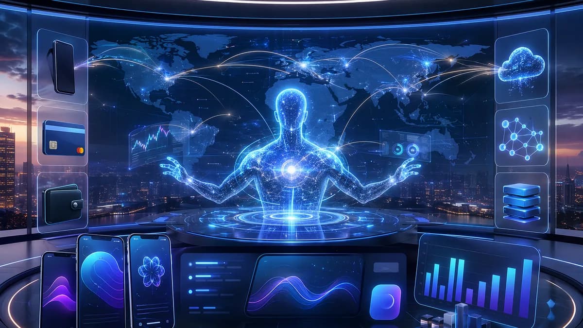 AI agent orchestrating global fintech payments through holographic banking interfaces