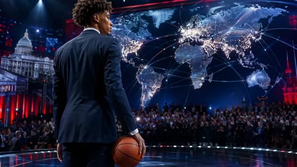 Young basketball prospect on draft stage with global map and arena lights
