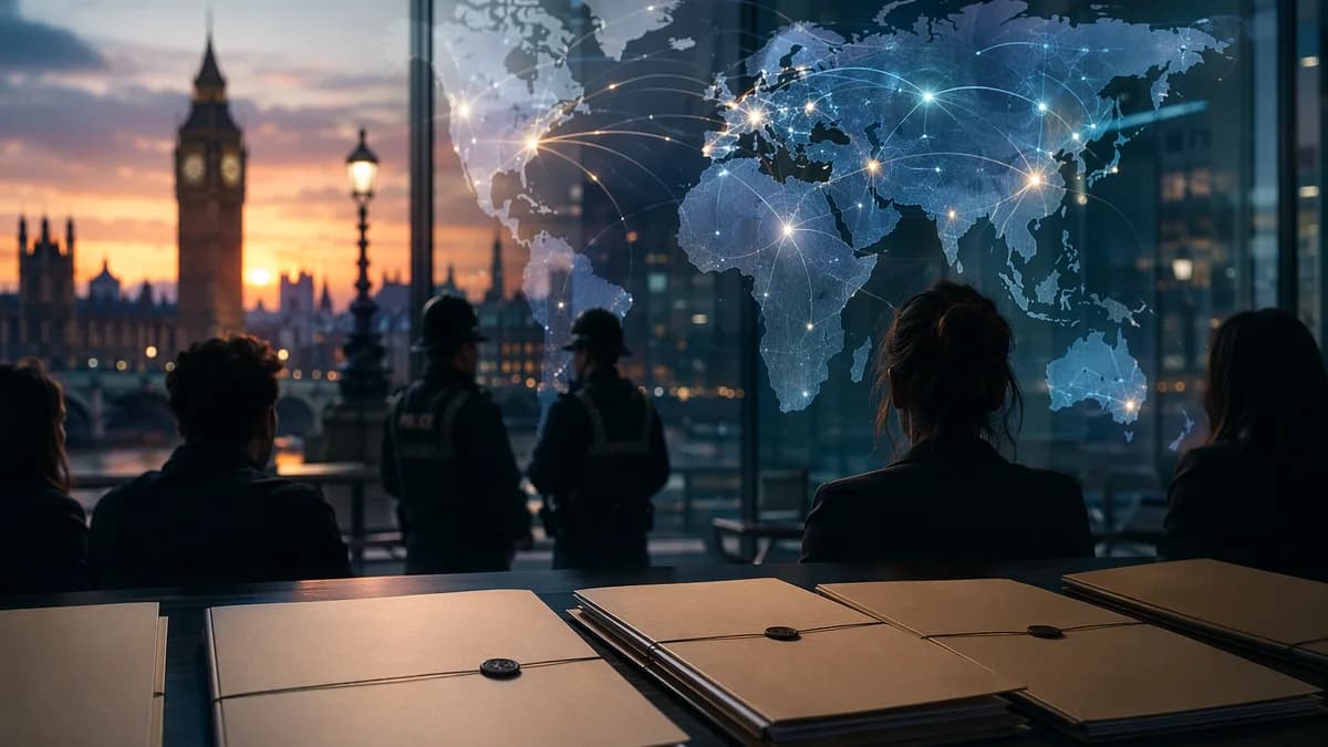 Anonymous survivors and police oversight imagery against London skyline with global map connections.