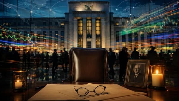 Empty Fed chair, glasses, candle, global map and market lights symbolizing Greenspan’s legacy