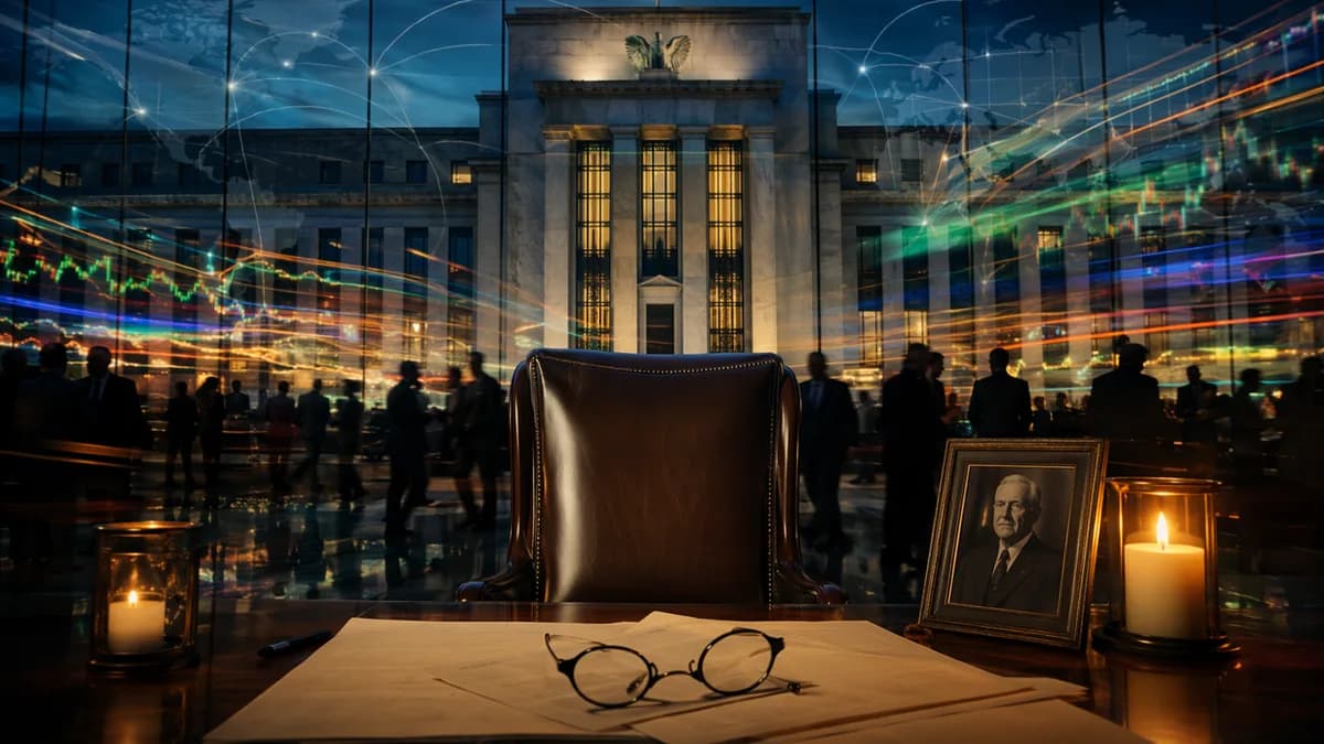 Empty Fed chair, glasses, candle, global map and market lights symbolizing Greenspan’s legacy