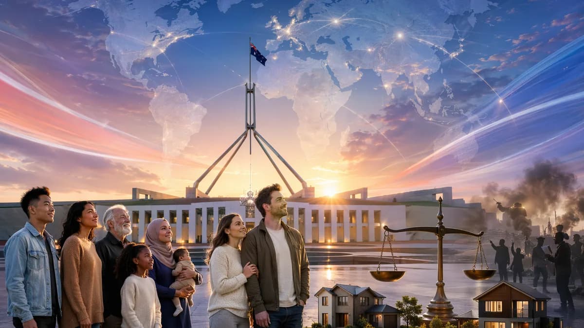 Australian Parliament, diverse citizens, homes and scales symbolize tax fairness and political debate.