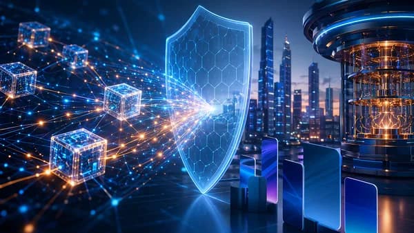 Quantum-resistant blockchain network protected by a digital shield in a modern fintech cityscape
