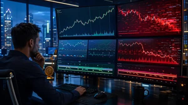 Trader compares backtesting dashboards with clean and flawed market data visualizations on a trading floor.