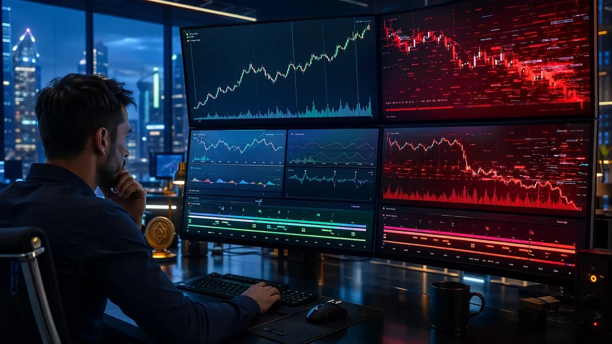 Trader compares backtesting dashboards with clean and flawed market data visualizations on a trading floor.