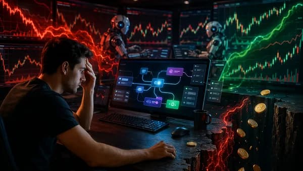 Beginner trader faces risky automated crypto trading dashboards as market visuals turn volatile.