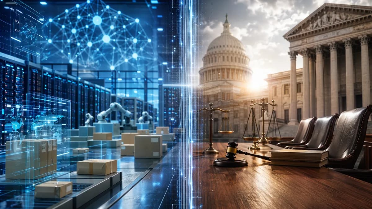 Futuristic e-commerce tech hub facing an abstract government legal setting in a digital dispute scene.