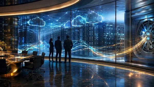 Futuristic AI data center with abstract finance streams symbolizing infrastructure funding.