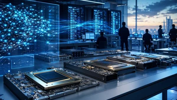 Futuristic AI chip lab with glowing servers and neural network displays, no branding.