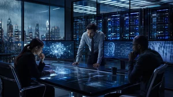 Three engineers in a tense data center control room with servers, surveillance ambience, and a city skyline.
