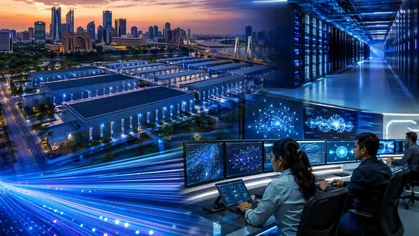 AI cloud data center in India with glowing servers, neural networks, and engineers in a futuristic workspace