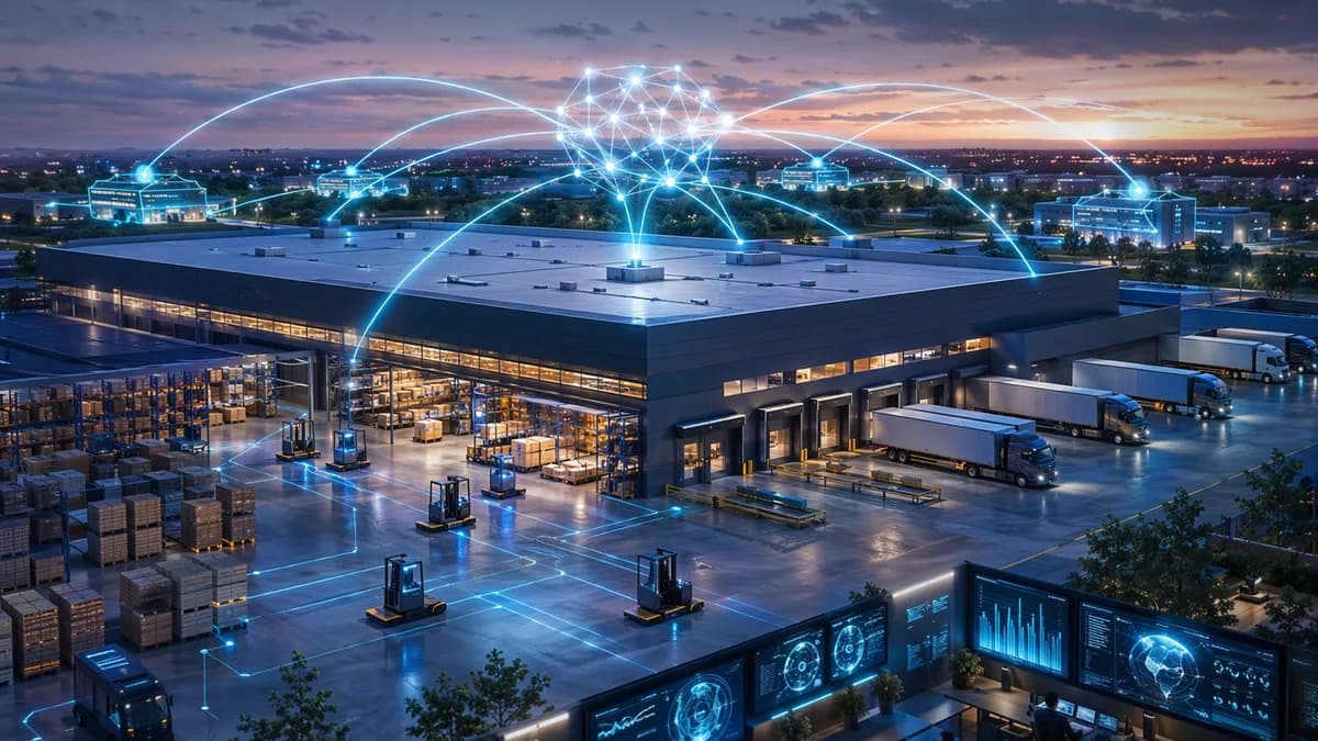 Futuristic freight warehouse with trucks, pallets, and glowing AI logistics network connections.