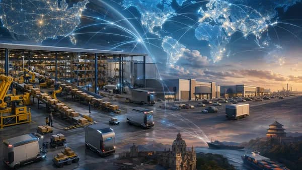 Symbolic retail shift from big-box stores to automated e-commerce platform scale over a connected world map.