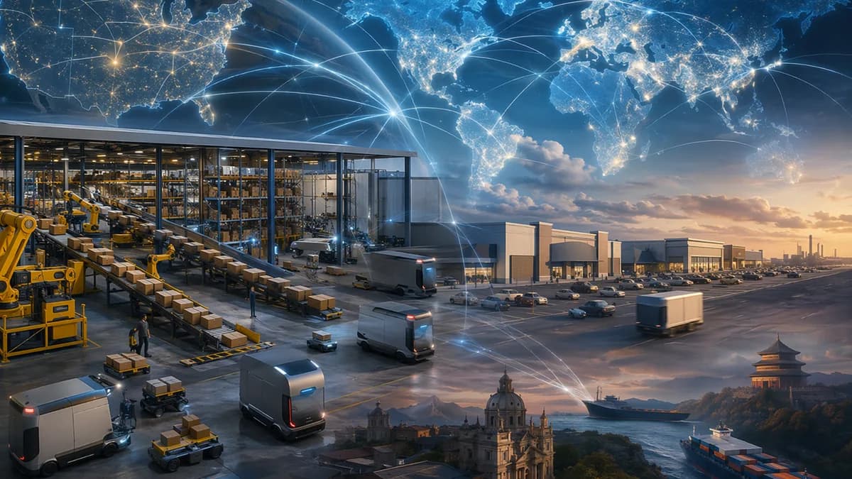 Symbolic retail shift from big-box stores to automated e-commerce platform scale over a connected world map.