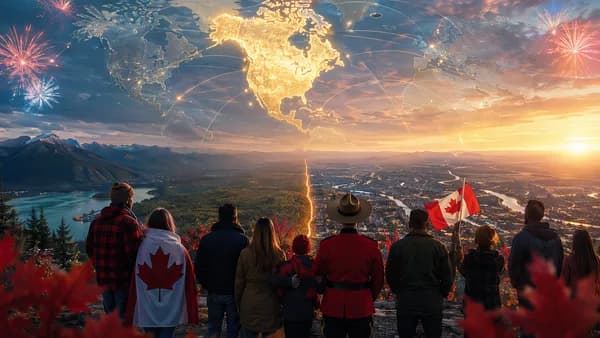 Canadians view a glowing Canada-US map with fireworks, showing warmth and tension.