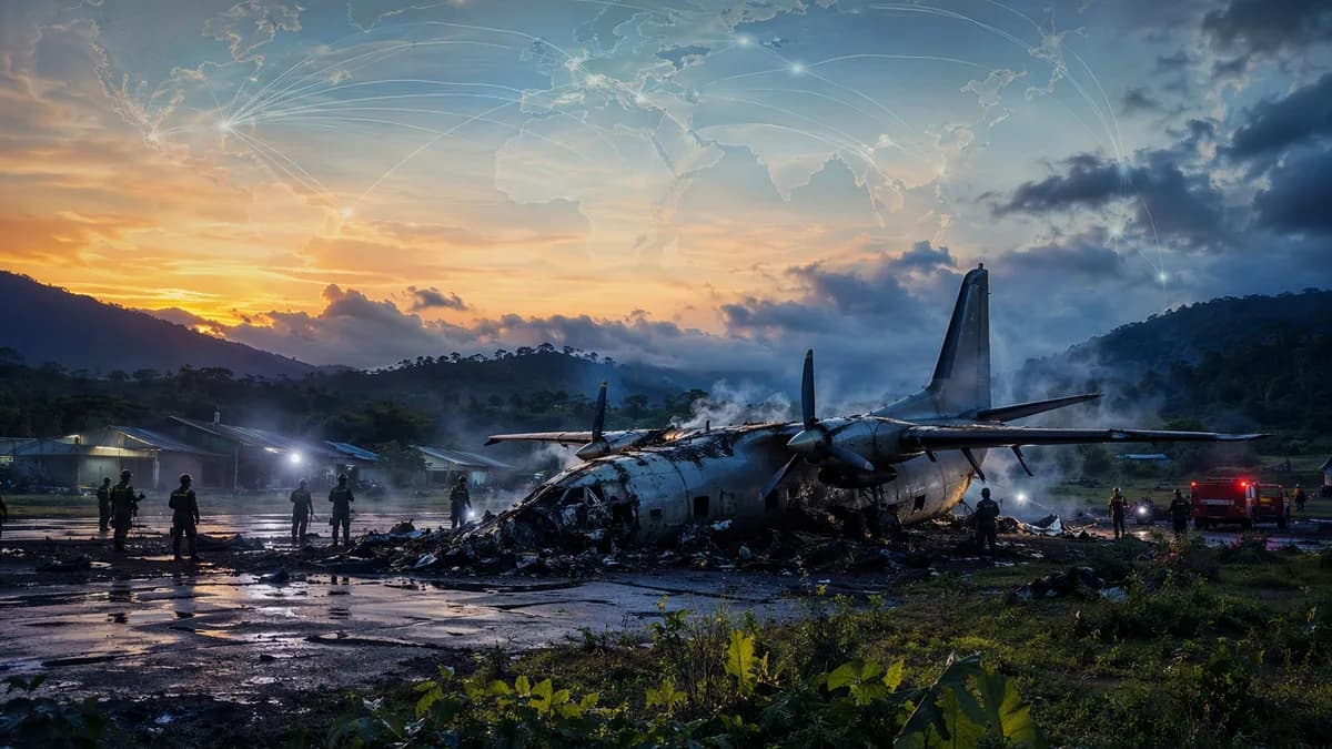 Unmarked transport plane crash scene in Assam with responders and faint global map connections.