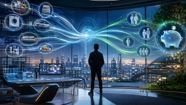 Entrepreneur in futuristic tech hub visualizing AI tools lowering household costs and monthly bills.