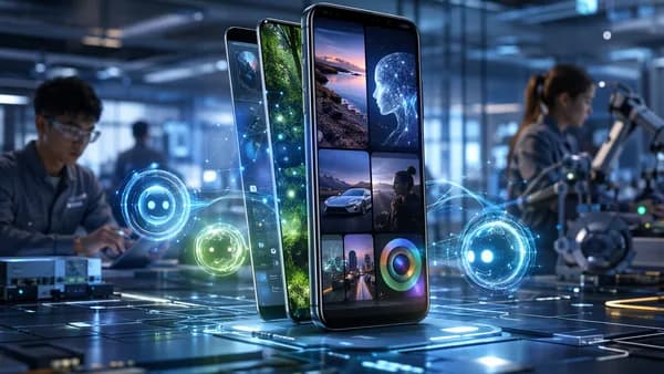 Generic smartphone with AI multitasking panels in a futuristic tech workspace