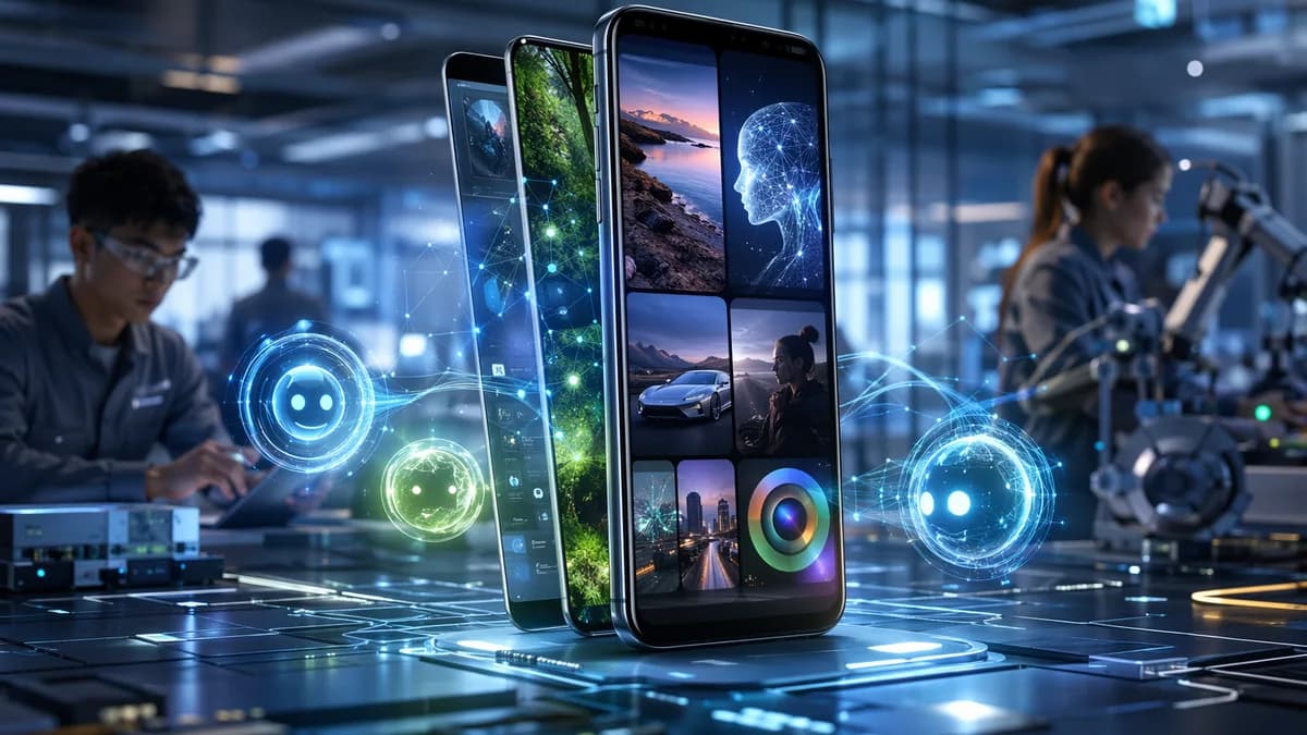 Generic smartphone with AI multitasking panels in a futuristic tech workspace
