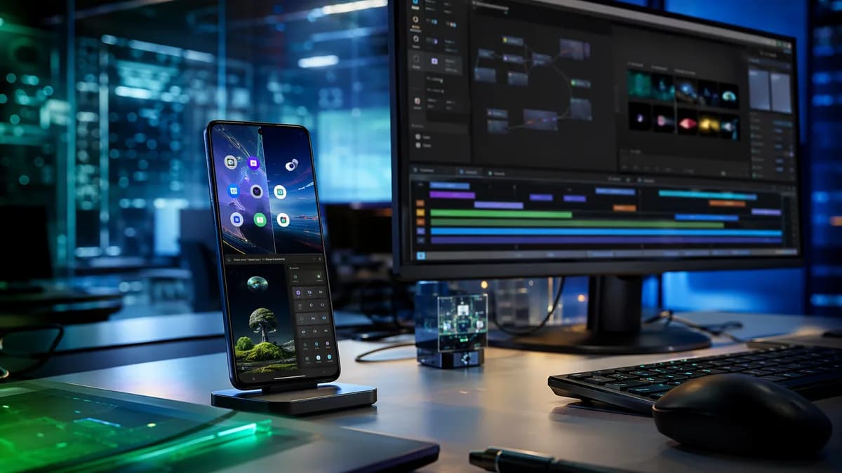 Flagship smartphone in futuristic workspace showing app bubbles, desktop mode, and creator tools.