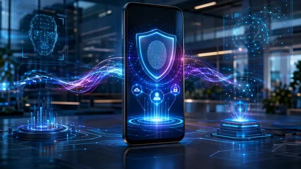 Unbranded smartphone with glowing AI security shields in a futuristic tech workspace