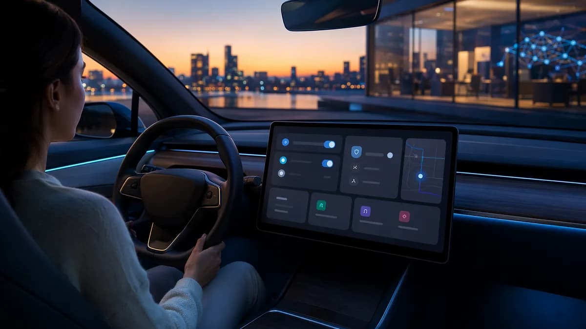 Modern car cockpit with generic infotainment controls highlighting privacy and reduced digital clutter