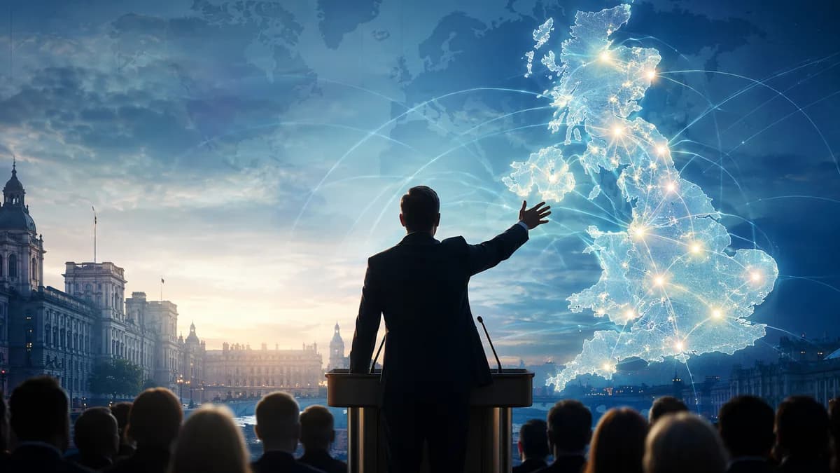UK leader presents a devolution vision with regional connections and a subtle global map backdrop.