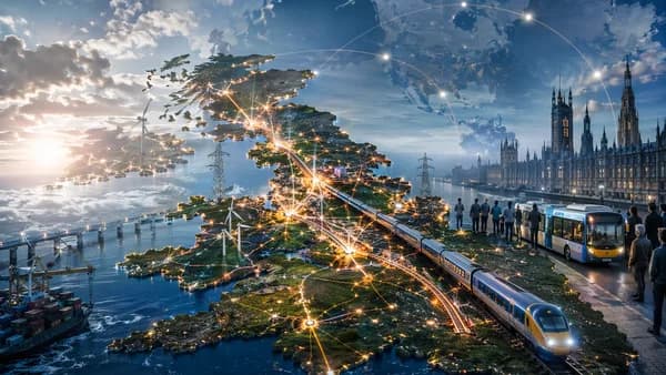 UK devolution and economic strategy visual with glowing northern cities and global connections.