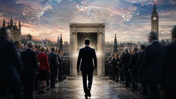 Silhouetted politician approaches a government doorway as MPs gather, with global map connections over London.