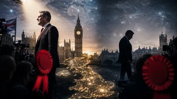 Generic UK political leadership crisis scene with UK map, parliament, press cameras, and global connections.
