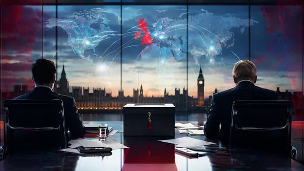 Anonymous UK political rivals facing a global map and ballot box in a tense editorial scene.