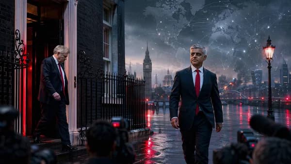 Symbolic UK political handover outside Downing Street with global map and press silhouettes.
