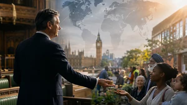 British politician symbolically donating pay to local community causes with global map backdrop