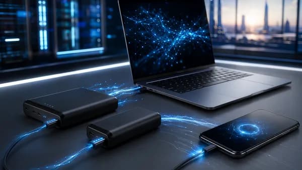 Two sleek power banks charging a laptop and phone in a futuristic tech workspace.