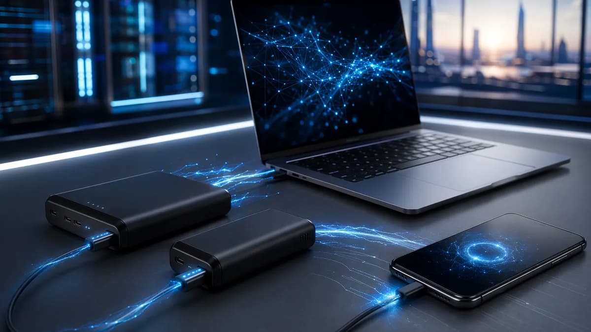 Two sleek power banks charging a laptop and phone in a futuristic tech workspace.