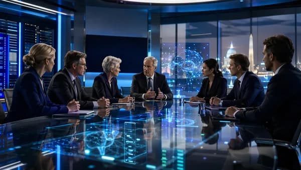 Officials discuss AI access in a futuristic policy hub with neural networks and server infrastructure.