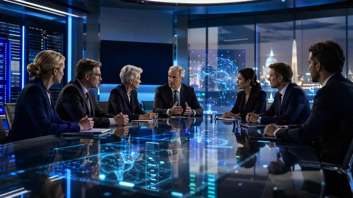 Officials discuss AI access in a futuristic policy hub with neural networks and server infrastructure.