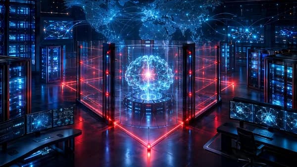 Secure AI data hub with locked neural core and fading global connections symbolizing restricted model access