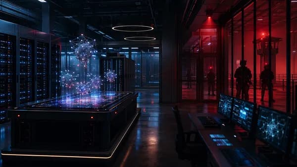 Locked AI lab servers with dimming neural networks and government security figures behind glass.