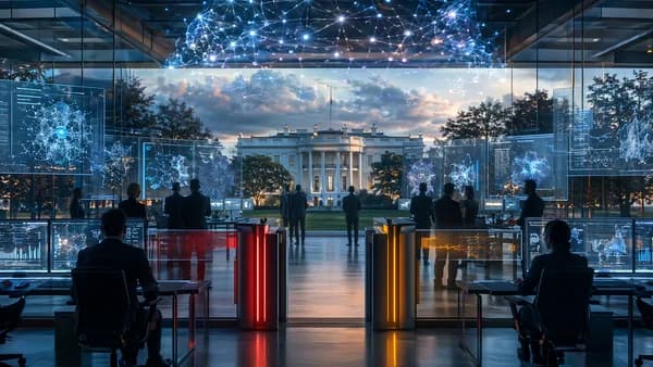 AI policy war room with security controls easing near a government building.