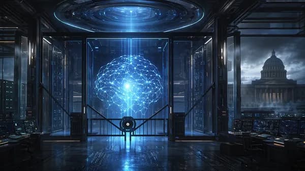 Futuristic AI hub with neural core behind locked digital barriers, symbolizing government-ordered access cutoff.