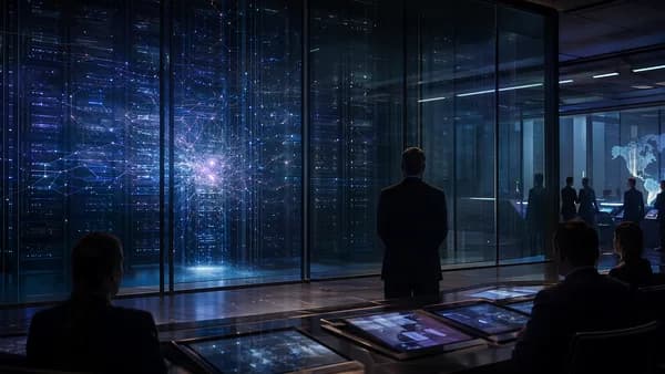 Secure cyber command room with AI servers shutting down under government oversight