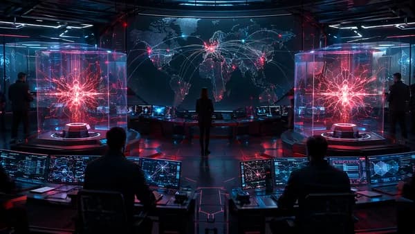 AI model cores sealed in a futuristic security hub amid global network lockdown signals.