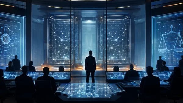 AI servers shut down in a futuristic governance control room with officials silhouetted nearby.