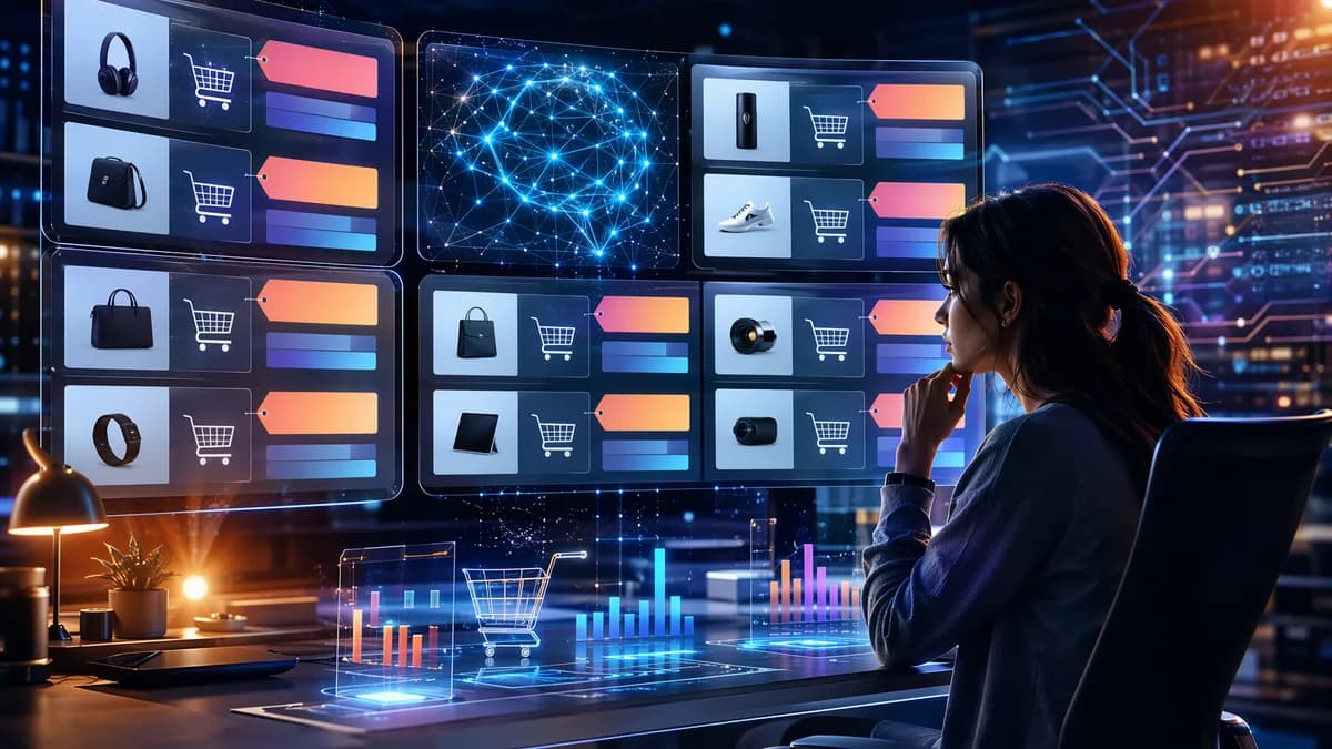 Futuristic retail comparison screens showing competing online deals in a sleek tech workspace