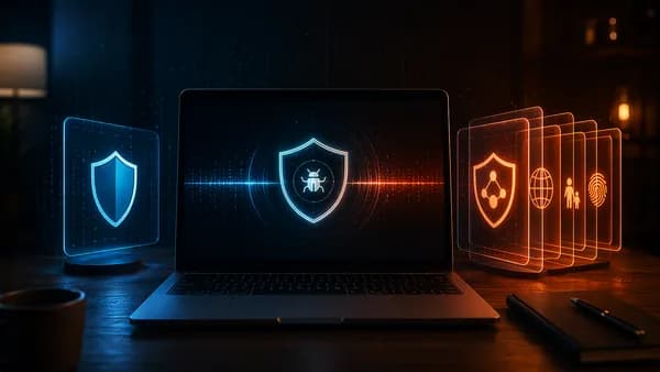 Laptop with antivirus shield and layered security suite visuals in a dark cybersecurity setting