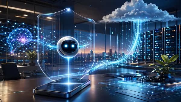 Smartphone AI orb protected by privacy shield with encrypted cloud connections in a futuristic tech workspace.