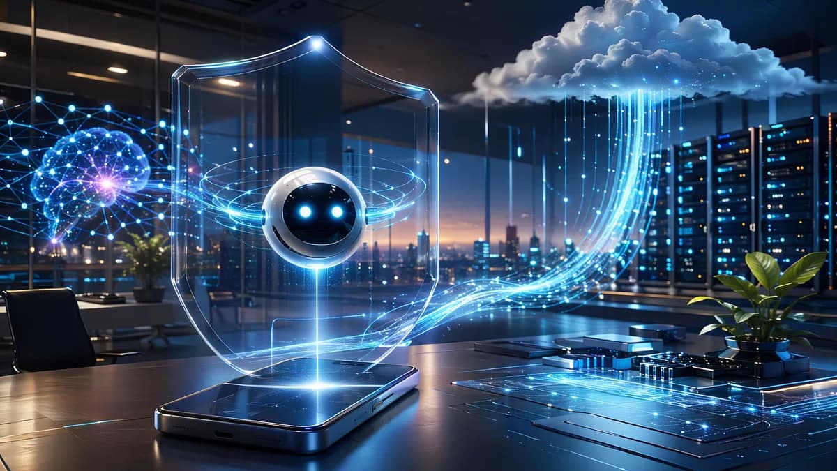 Smartphone AI orb protected by privacy shield with encrypted cloud connections in a futuristic tech workspace.