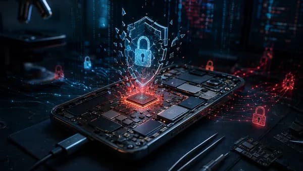 Disassembled smartphone chip with USB cable, broken security shield, and dark cybersecurity visuals.